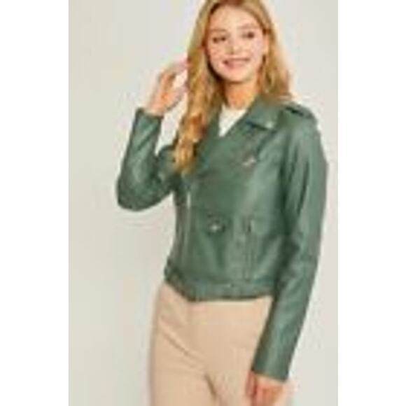Blank NYC NWT Revolve Green Notched Collar Zip Up Faux Leather Moto Jacket Small - Picture 2 of 11